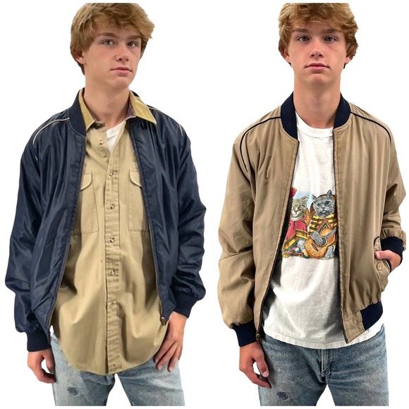 Vintage Other - Vintage 80s Dad Jacket Reversible Bomber Windbreaker Tan Navy Blue Small/Medium